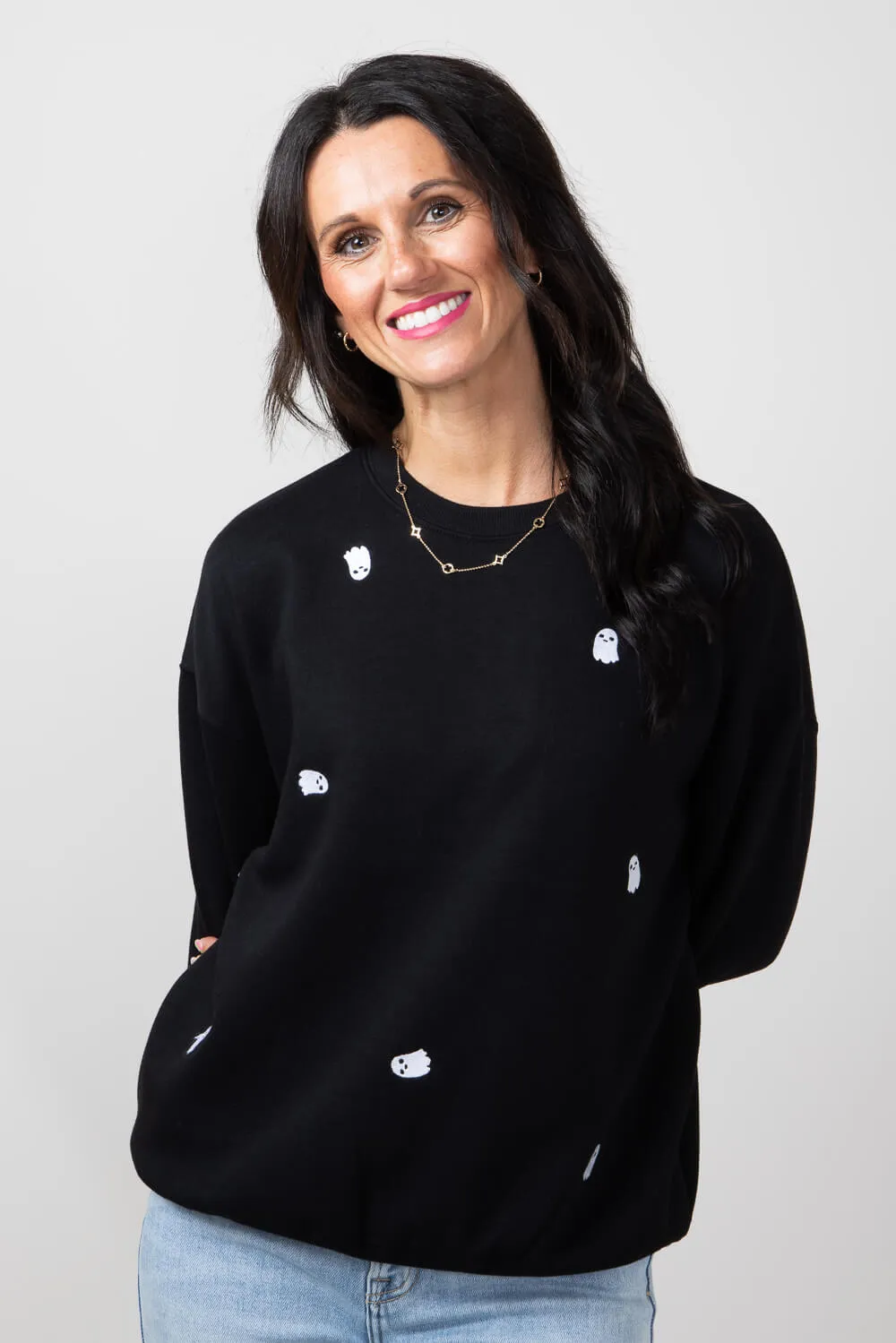 1897 Active Ghost Embroidered Sweatshirt for Women in Black | T836-BLACK