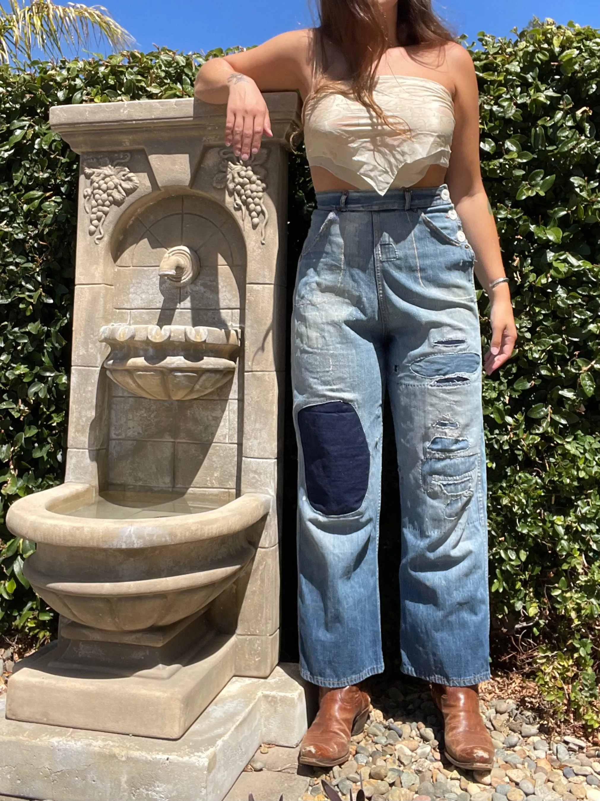 1940s Ladies Workwear Side Button Wide Leg Jeans