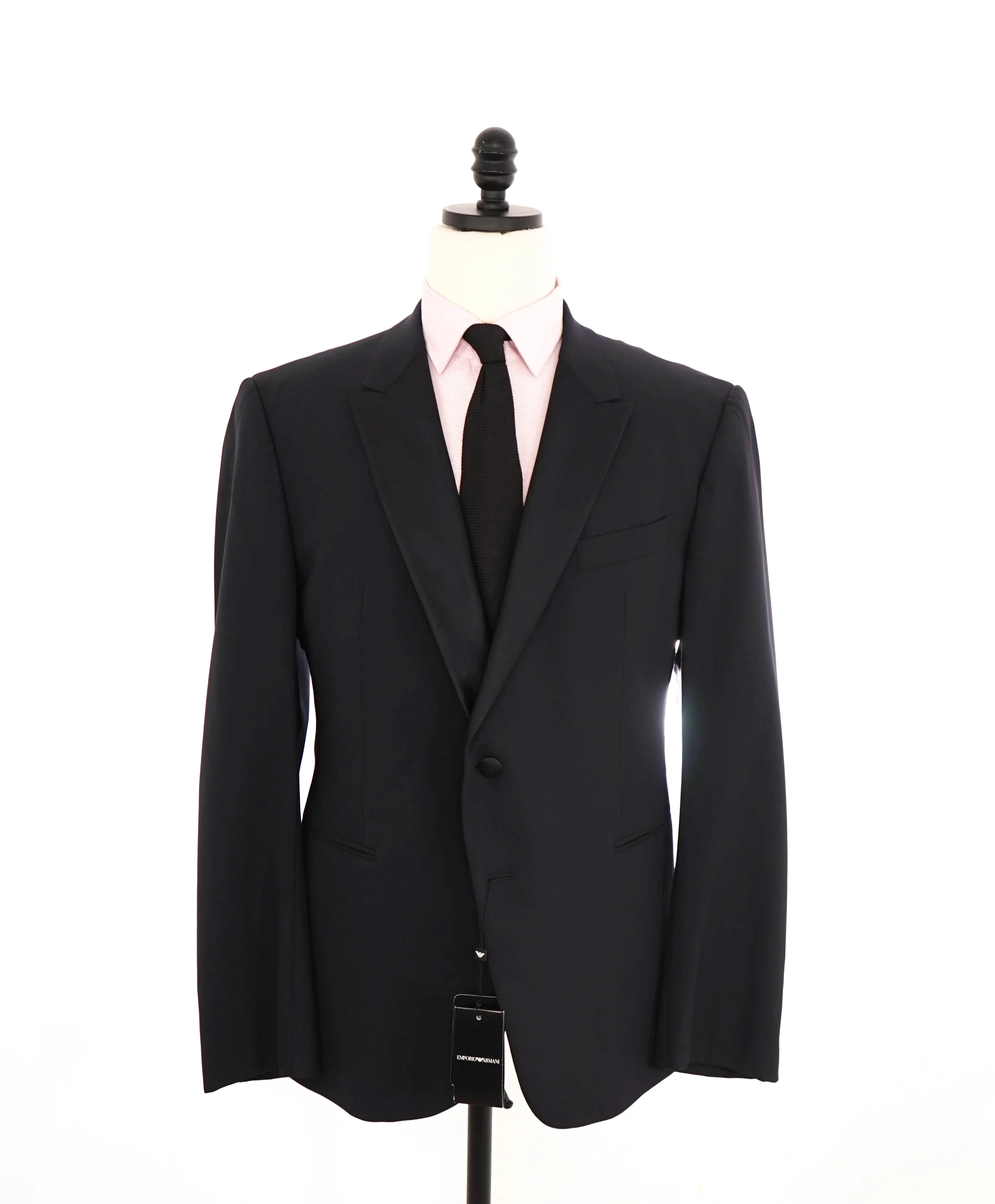 $1,995 EMPORIO ARMANI - “M LINE” 2-Btn Navy Peak Lapel Tuxedo Suit - 46R