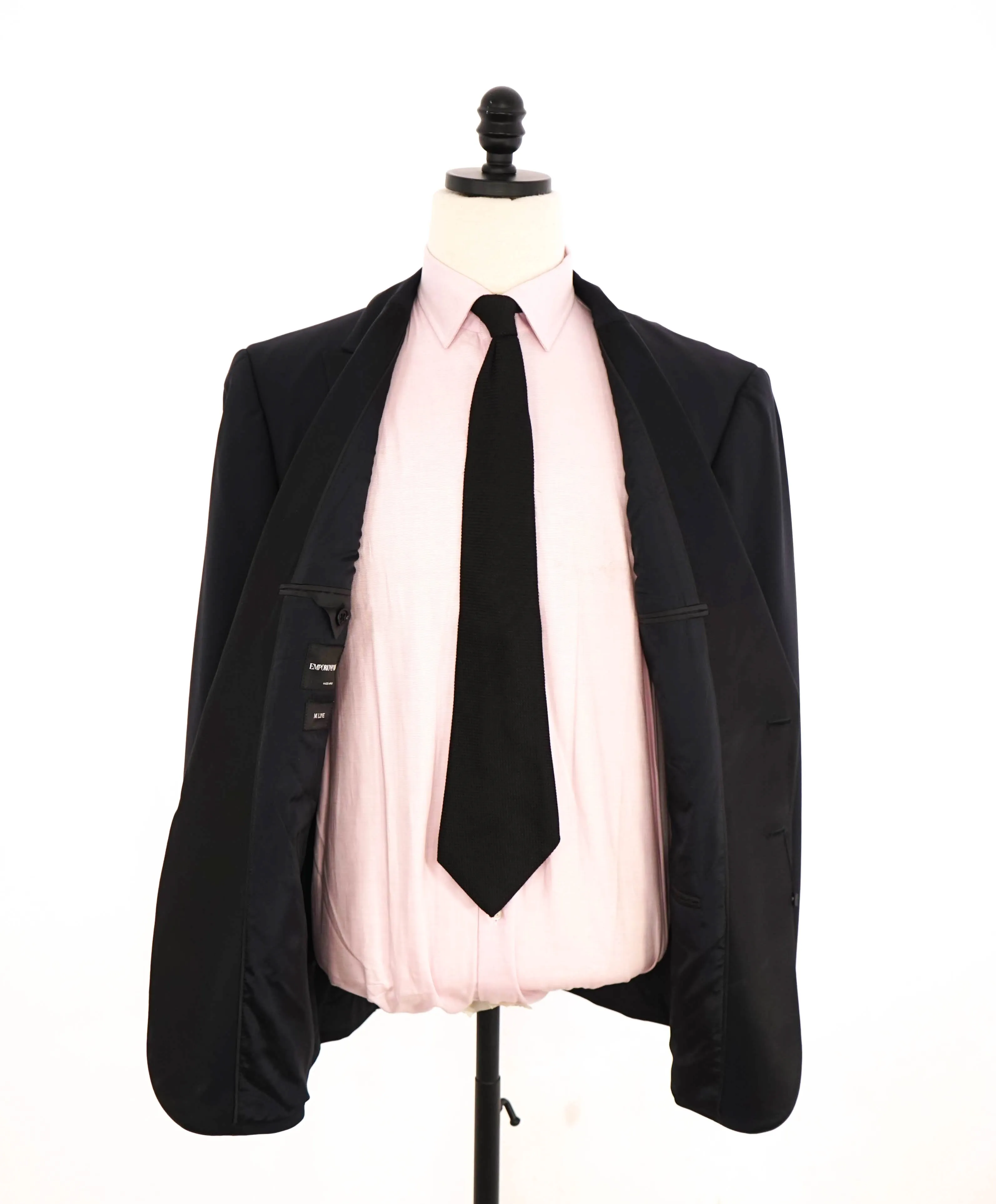$1,995 EMPORIO ARMANI - “M LINE” 2-Btn Navy Peak Lapel Tuxedo Suit - 46R