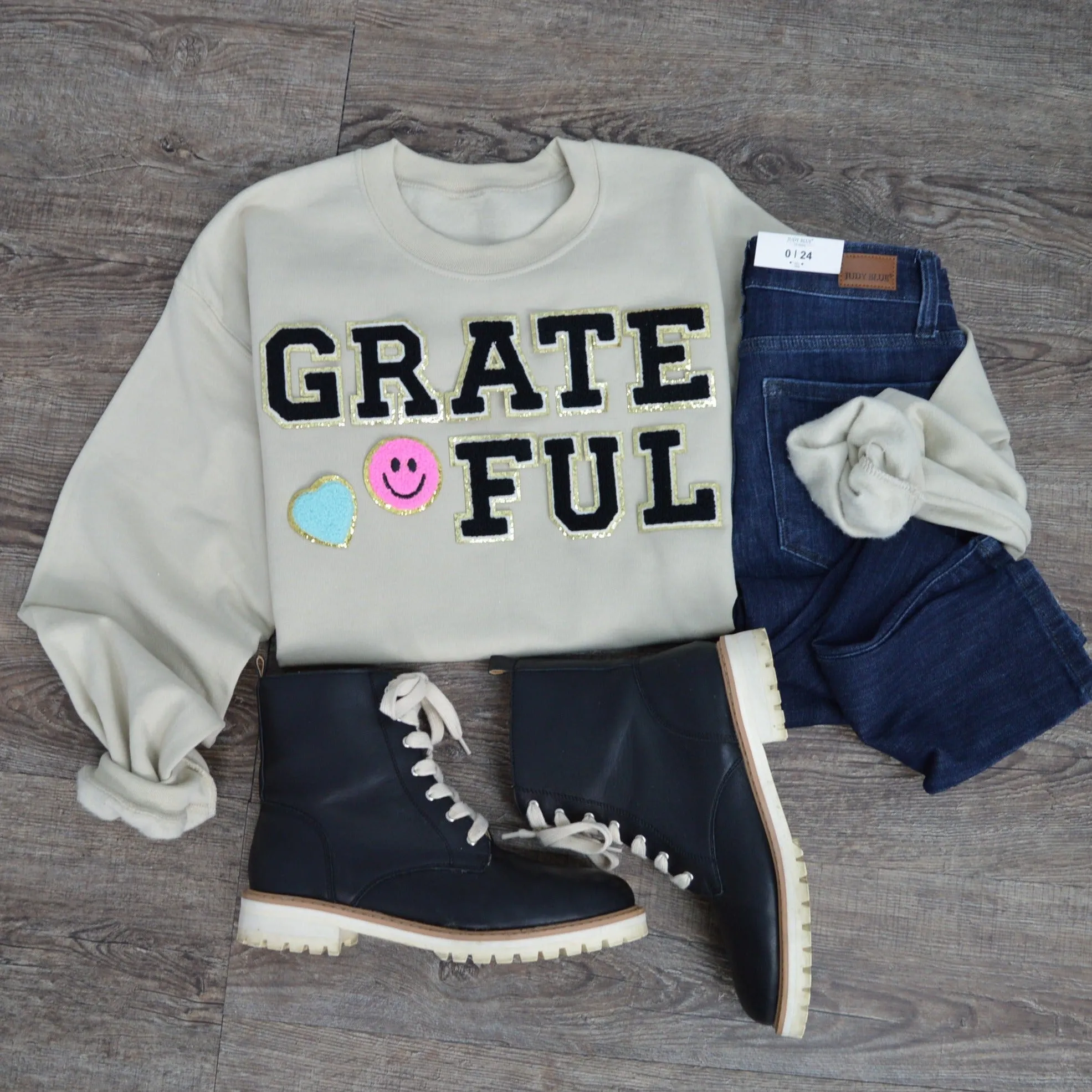 3Blues Designs |   Hazel Blues® |  Grateful Smile Chenille Patch Sweatshirt