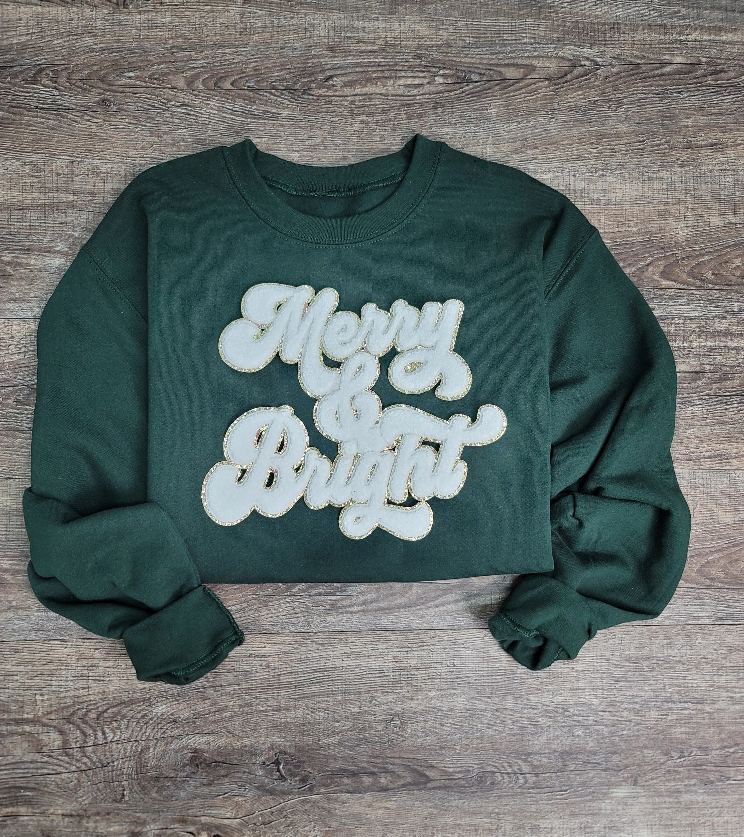 3Blues Designs |   Hazel Blues® |  Merry & Bright Chenille Patch Sweatshirt: WHITE