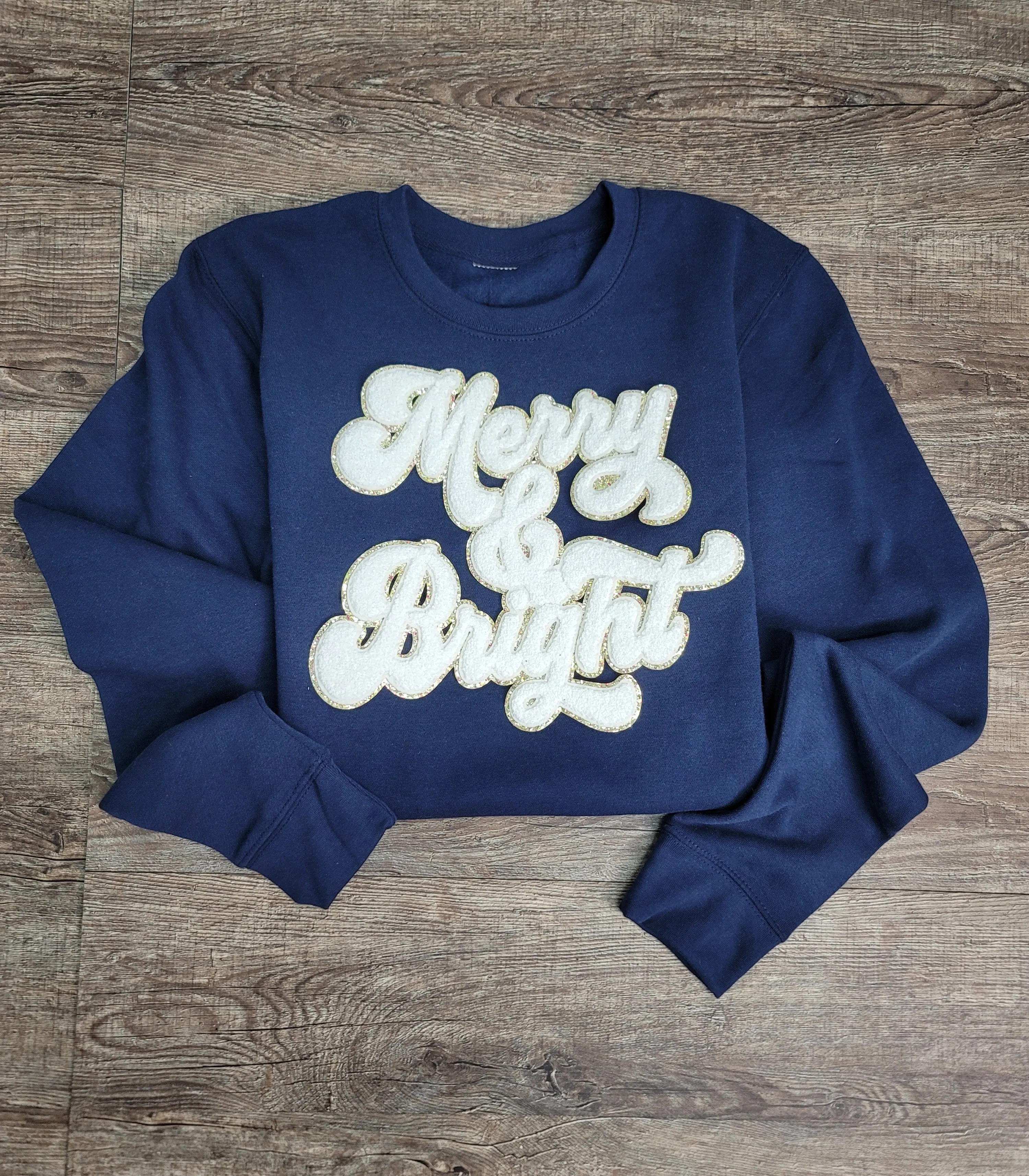 3Blues Designs |   Hazel Blues® |  Merry & Bright Chenille Patch Sweatshirt: WHITE