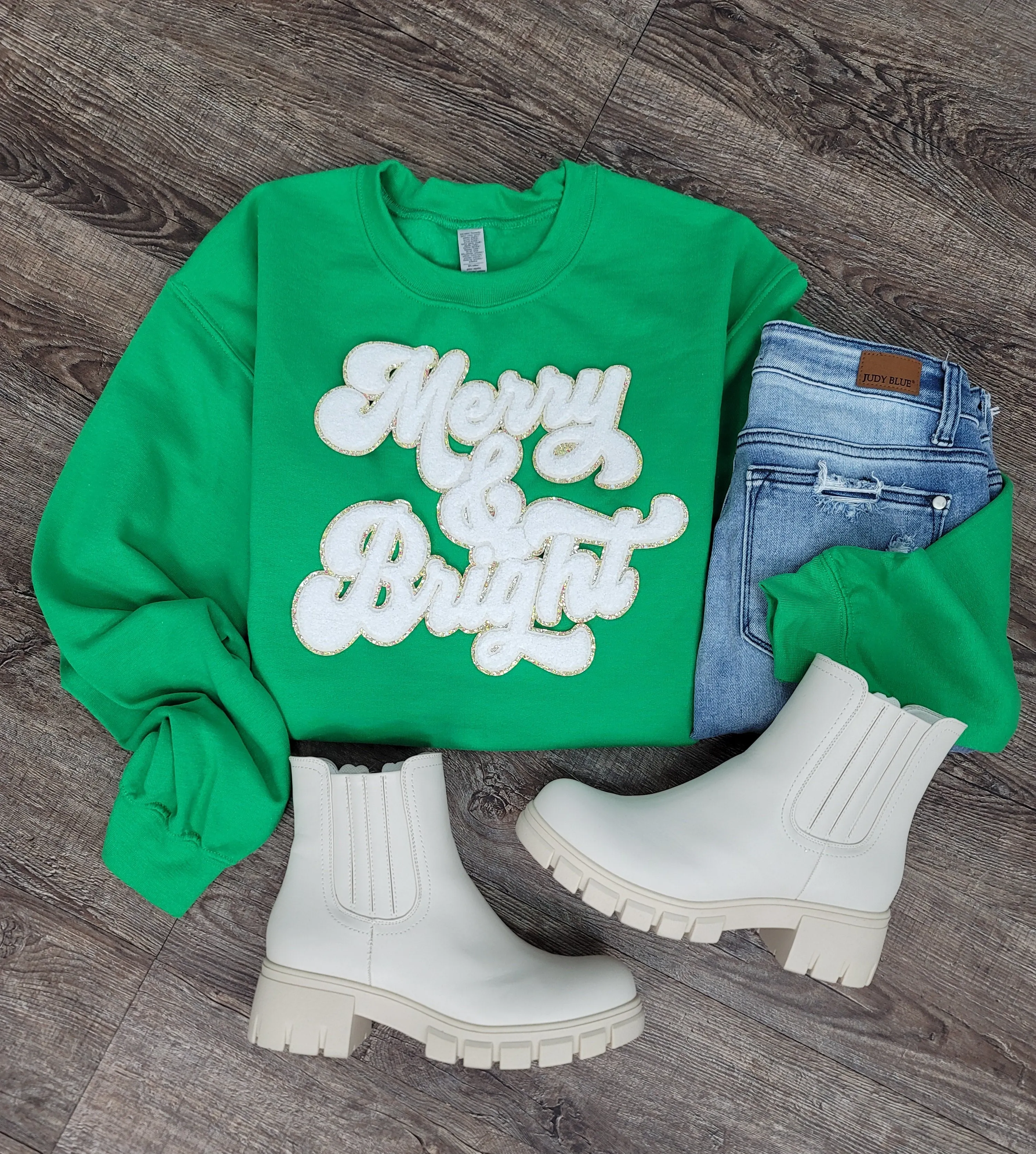 3Blues Designs |   Hazel Blues® |  Merry & Bright Chenille Patch Sweatshirt: WHITE