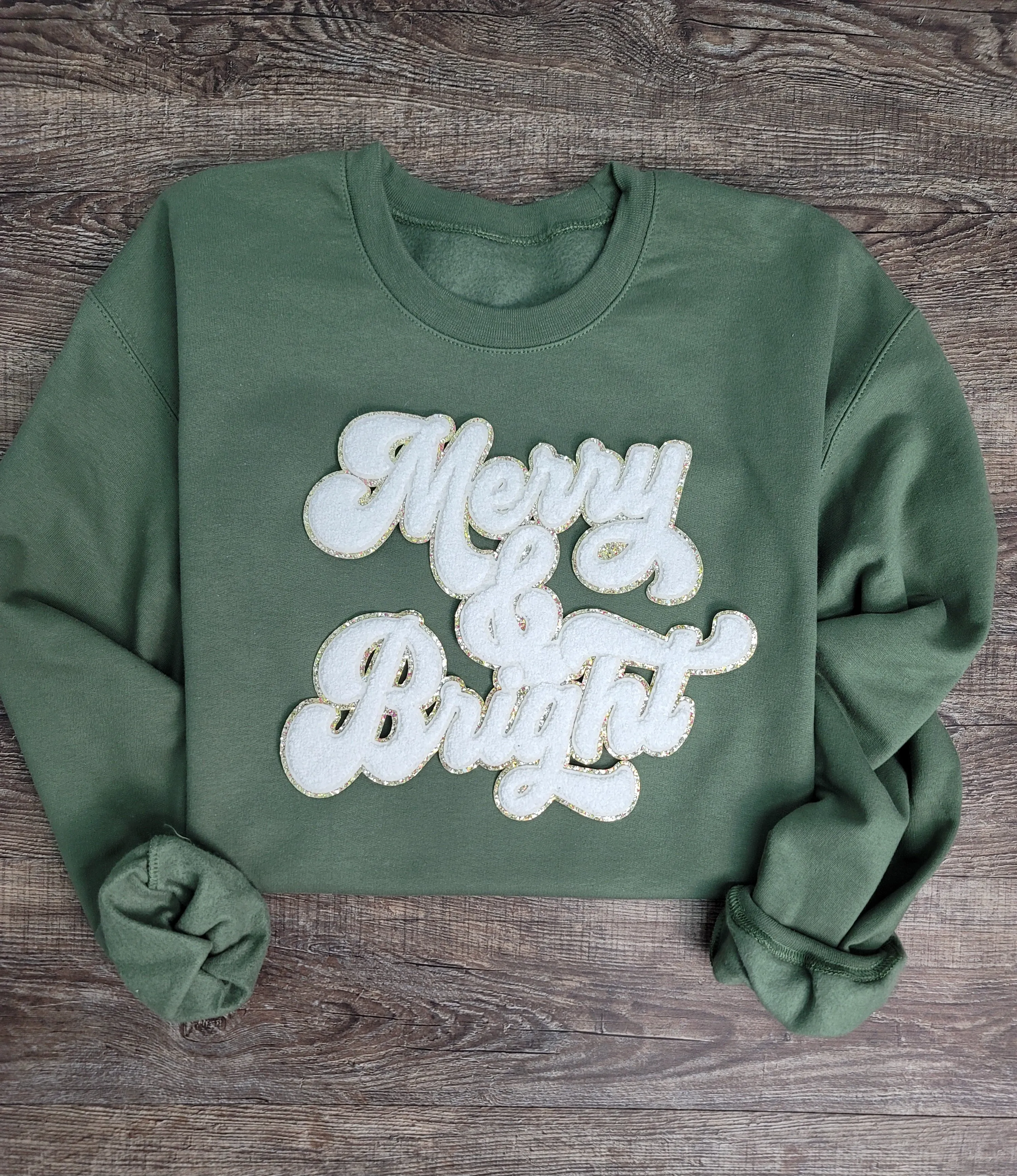 3Blues Designs |   Hazel Blues® |  Merry & Bright Chenille Patch Sweatshirt: WHITE