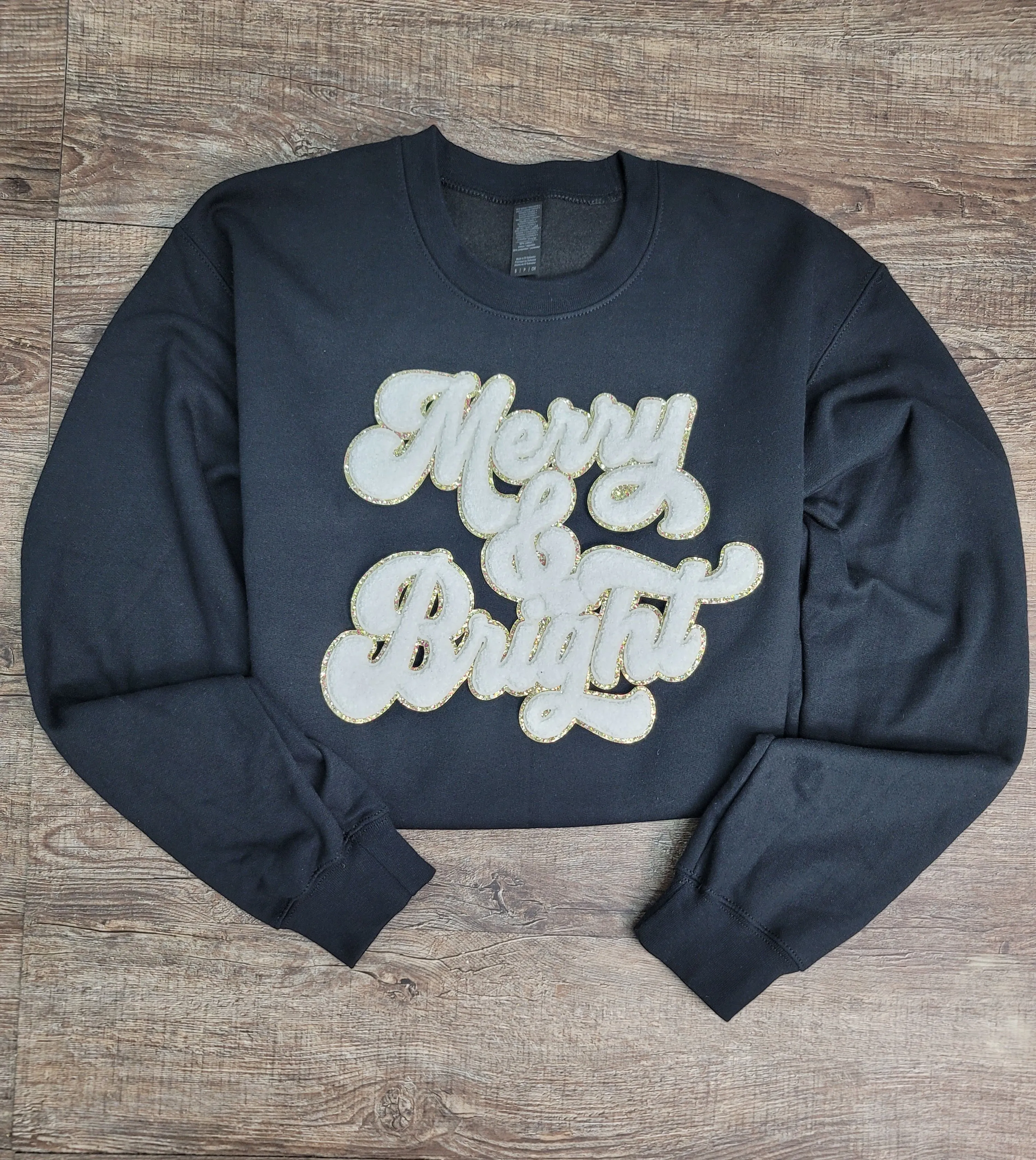 3Blues Designs |   Hazel Blues® |  Merry & Bright Chenille Patch Sweatshirt: WHITE