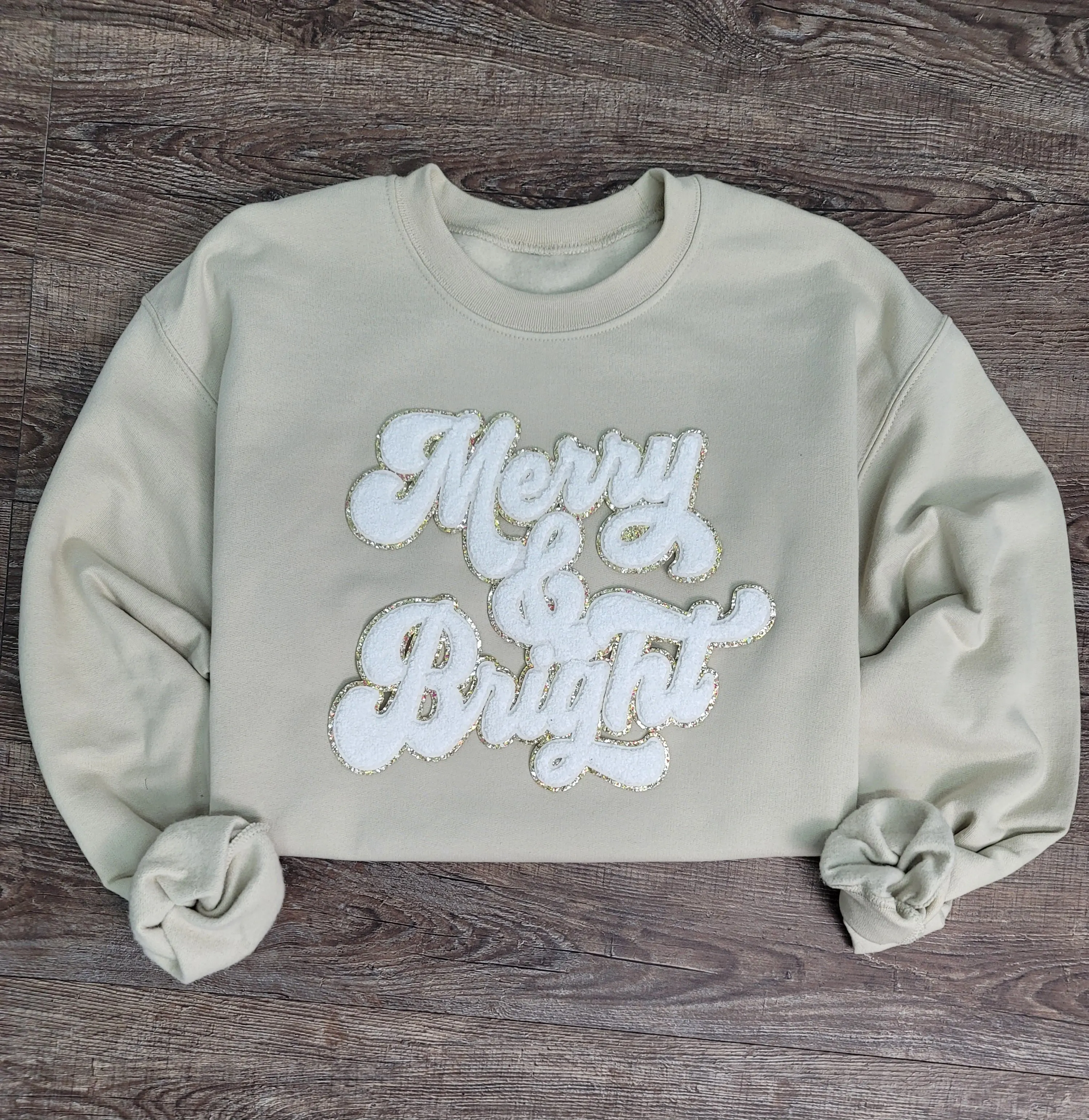 3Blues Designs |   Hazel Blues® |  Merry & Bright Chenille Patch Sweatshirt: WHITE