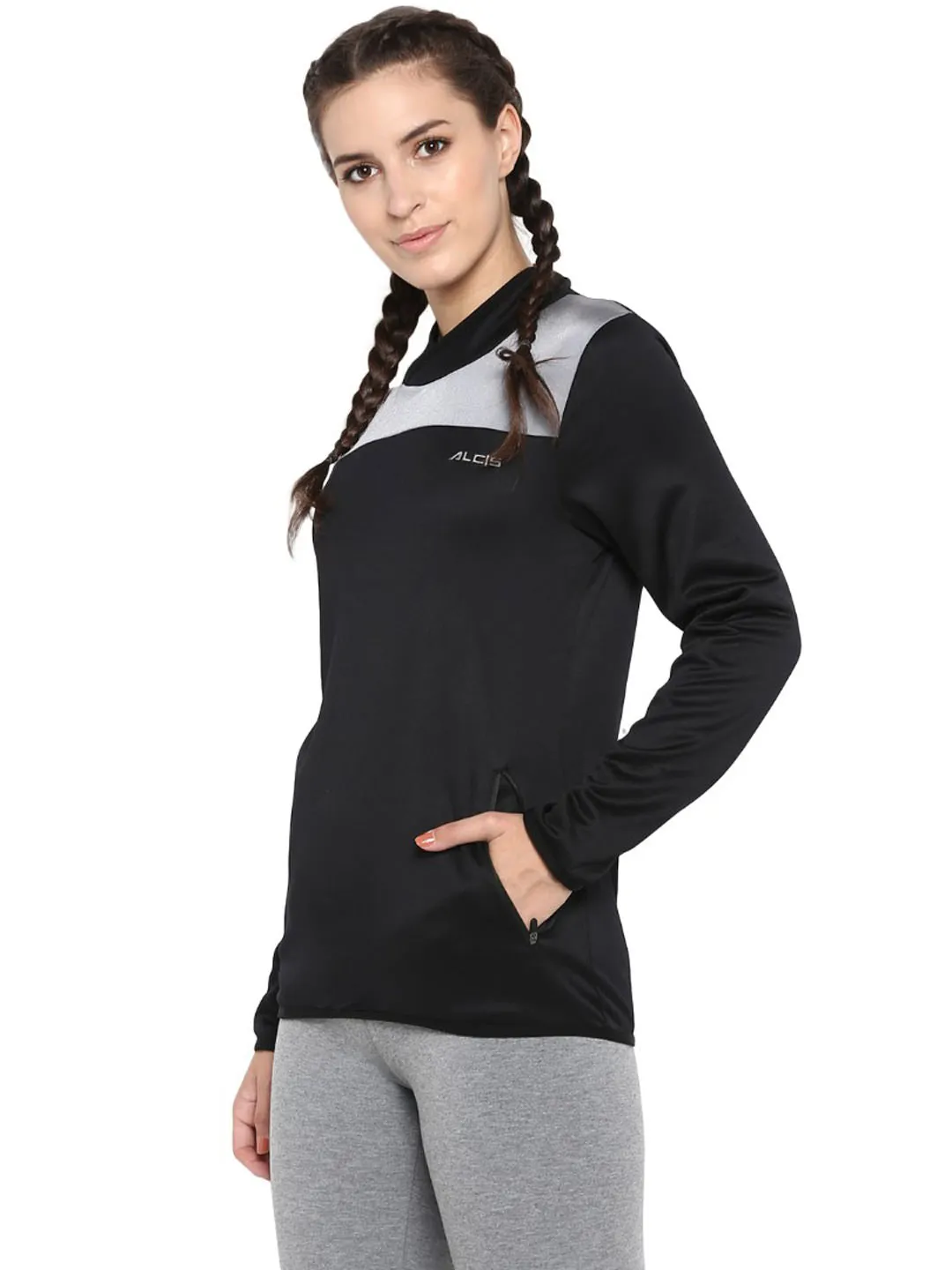 Alcis Women Black Silver-Toned Colourblocked Sweatshirt