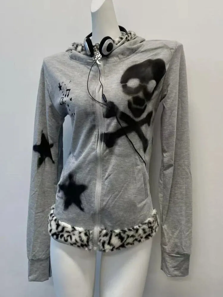 American Retro Print Punk Blouse Long Sleeves Y2k Top Women Hip Hop Zipper T-shirt Hooded Sweatshirt Spring European Fashion
