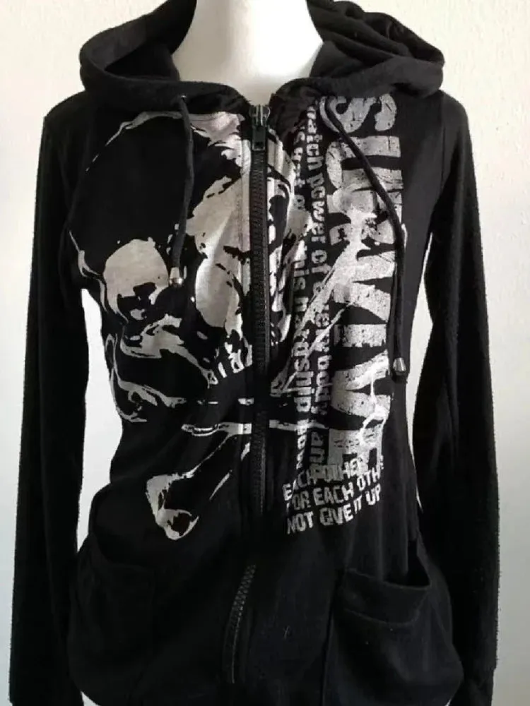 American Retro Print Punk Blouse Long Sleeves Y2k Top Women Hip Hop Zipper T-shirt Hooded Sweatshirt Spring European Fashion