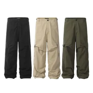 American Style High Street Vibe Trendy Solid Color Tooling Pleated Casual Paratrooper Pants Men's Pocket Loose Wide Leg Straight Pants
