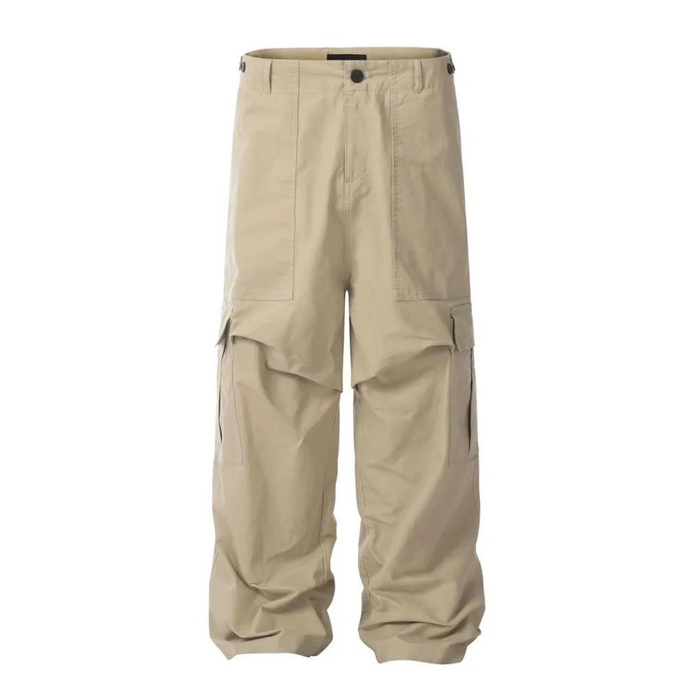 American Style High Street Vibe Trendy Solid Color Tooling Pleated Casual Paratrooper Pants Men's Pocket Loose Wide Leg Straight Pants