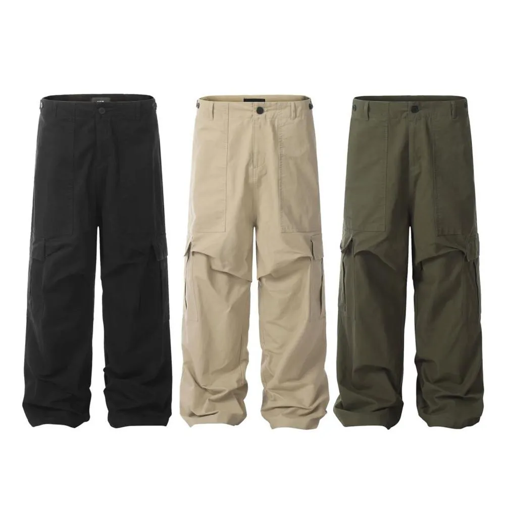 American Style High Street Vibe Trendy Solid Color Tooling Pleated Casual Paratrooper Pants Men's Pocket Loose Wide Leg Straight Pants
