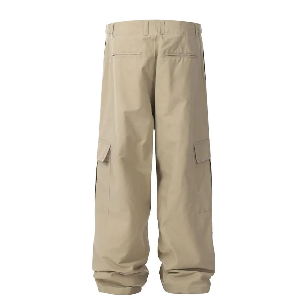 American Style High Street Vibe Trendy Solid Color Tooling Pleated Casual Paratrooper Pants Men's Pocket Loose Wide Leg Straight Pants