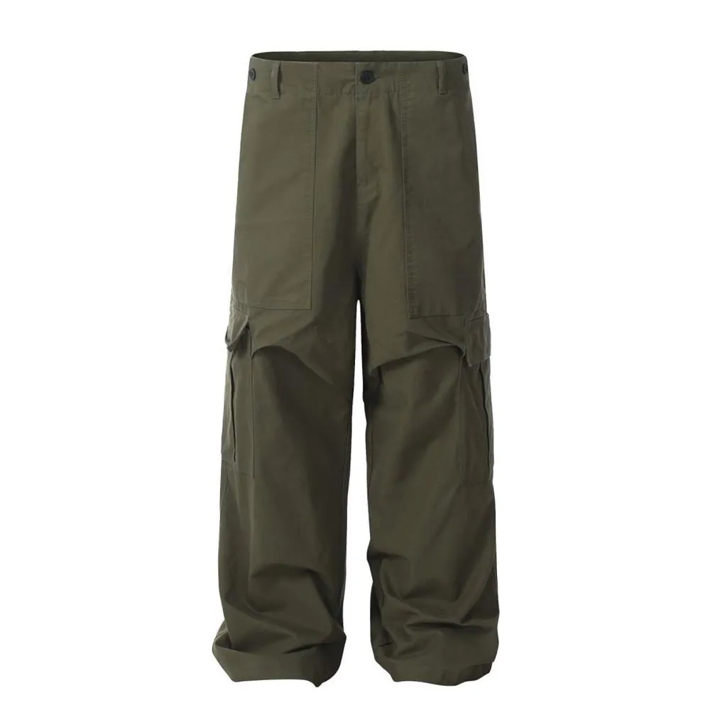American Style High Street Vibe Trendy Solid Color Tooling Pleated Casual Paratrooper Pants Men's Pocket Loose Wide Leg Straight Pants