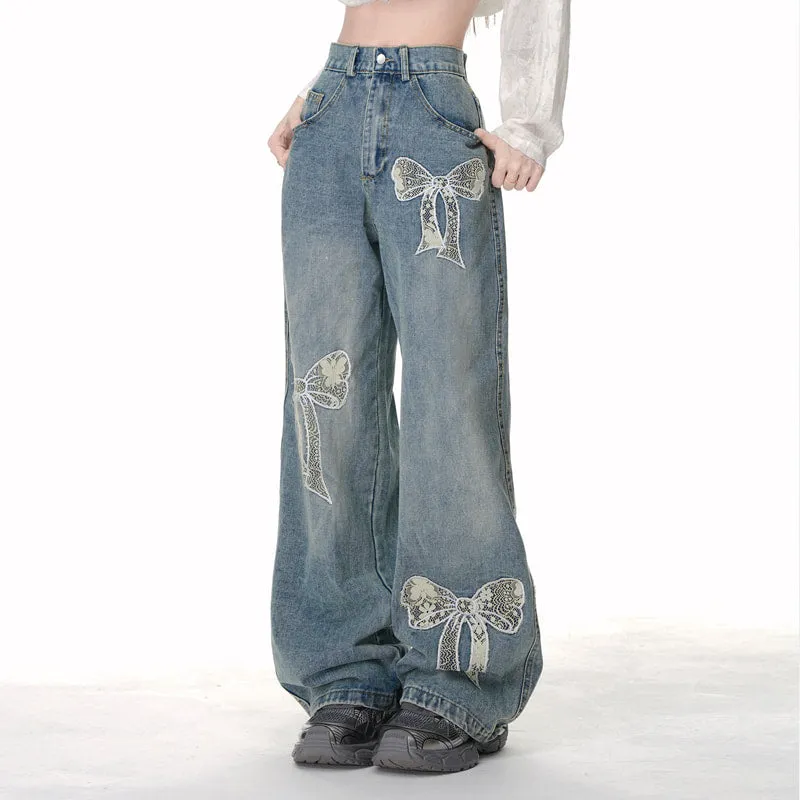 American Sweet Girl Style Lace Bow Embroidered Wide-leg Jeans