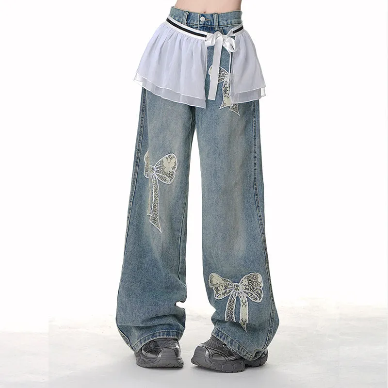American Sweet Girl Style Lace Bow Embroidered Wide-leg Jeans