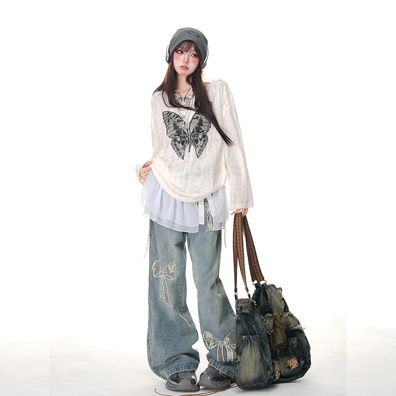 American Sweet Girl Style Lace Bow Embroidered Wide-leg Jeans