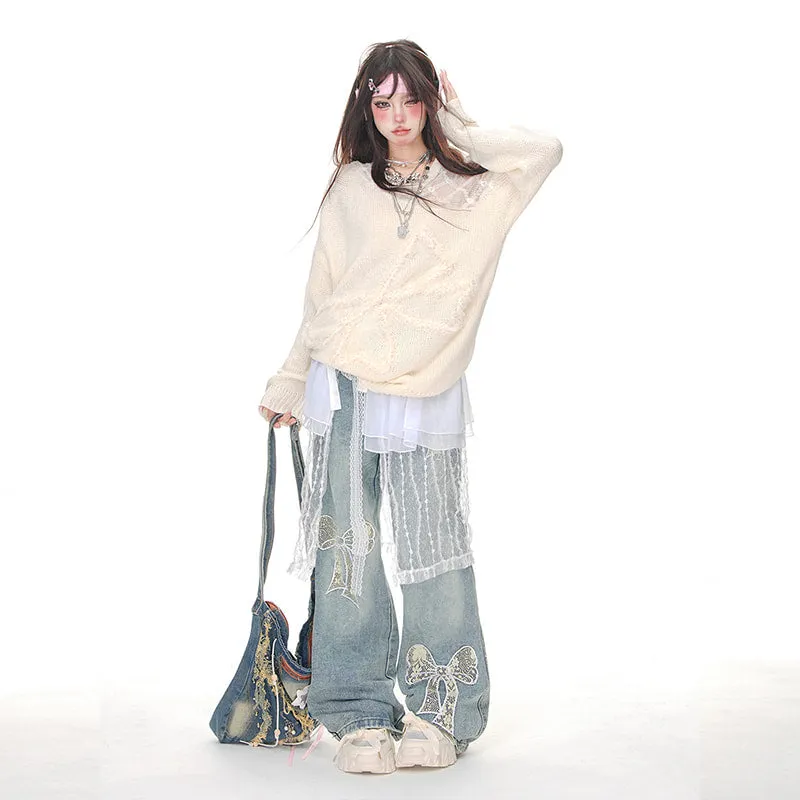 American Sweet Girl Style Lace Bow Embroidered Wide-leg Jeans