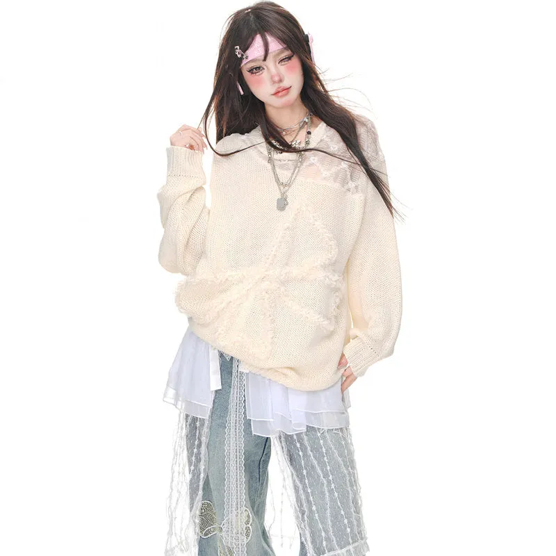 American Sweet Girl Style Lace Bow Embroidered Wide-leg Jeans