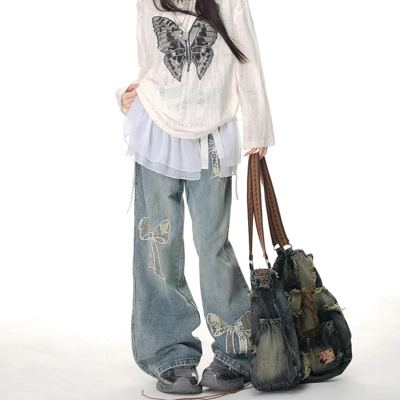 American Sweet Girl Style Lace Bow Embroidered Wide-leg Jeans