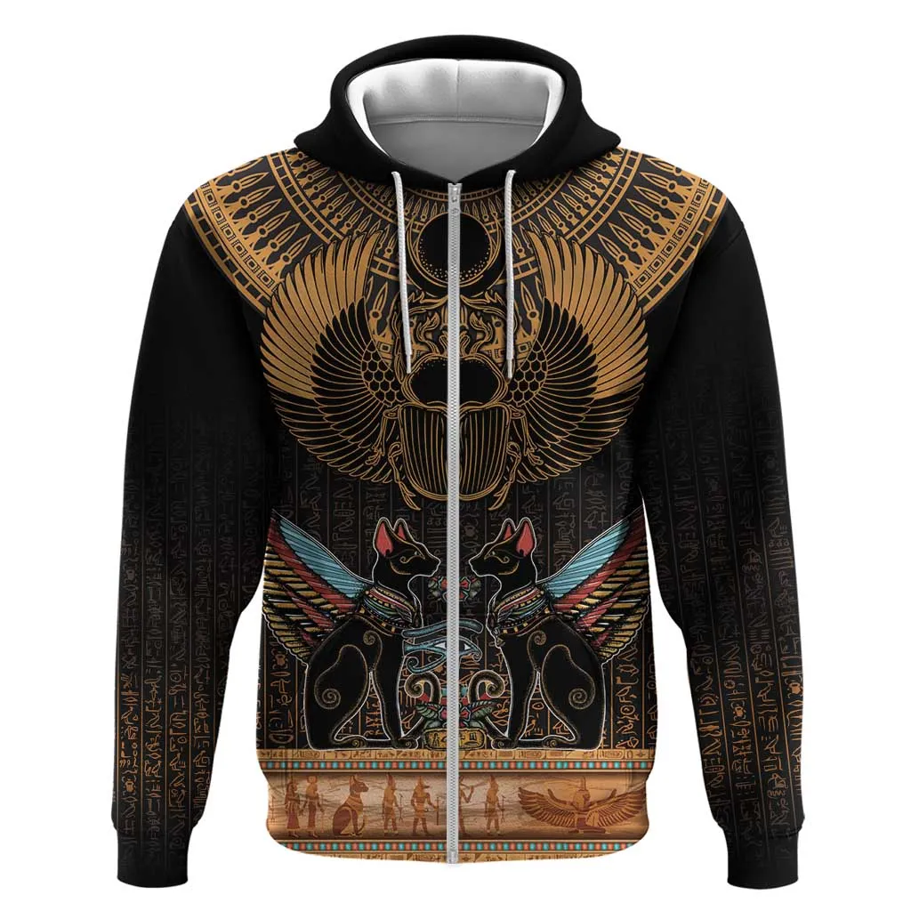 Ancient Egypt Scarab Beetle Zip Hoodie Hieroglyphs Alphabet Pattern LT18