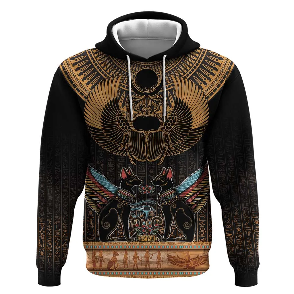 Ancient Egypt Scarab Beetle Zip Hoodie Hieroglyphs Alphabet Pattern LT18
