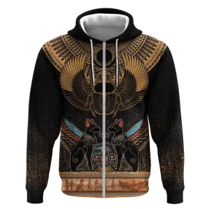 Ancient Egypt Scarab Beetle Zip Hoodie Hieroglyphs Alphabet Pattern LT18