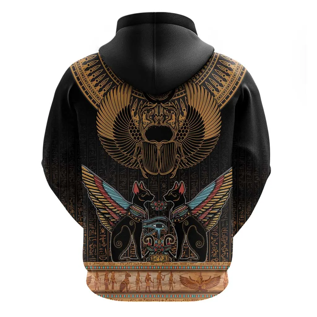 Ancient Egypt Scarab Beetle Zip Hoodie Hieroglyphs Alphabet Pattern LT18