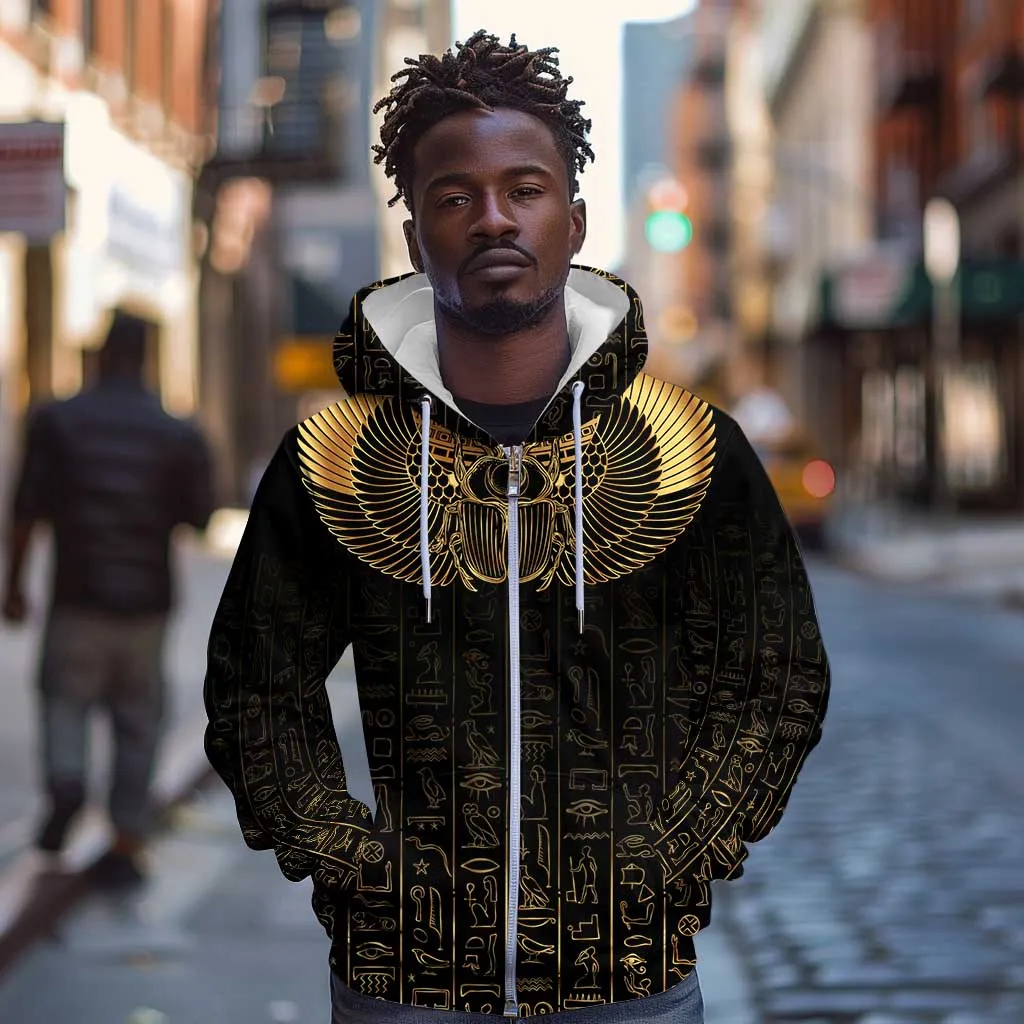 Ancient Egypt Zip Hoodie Black Gold Scarab LT7