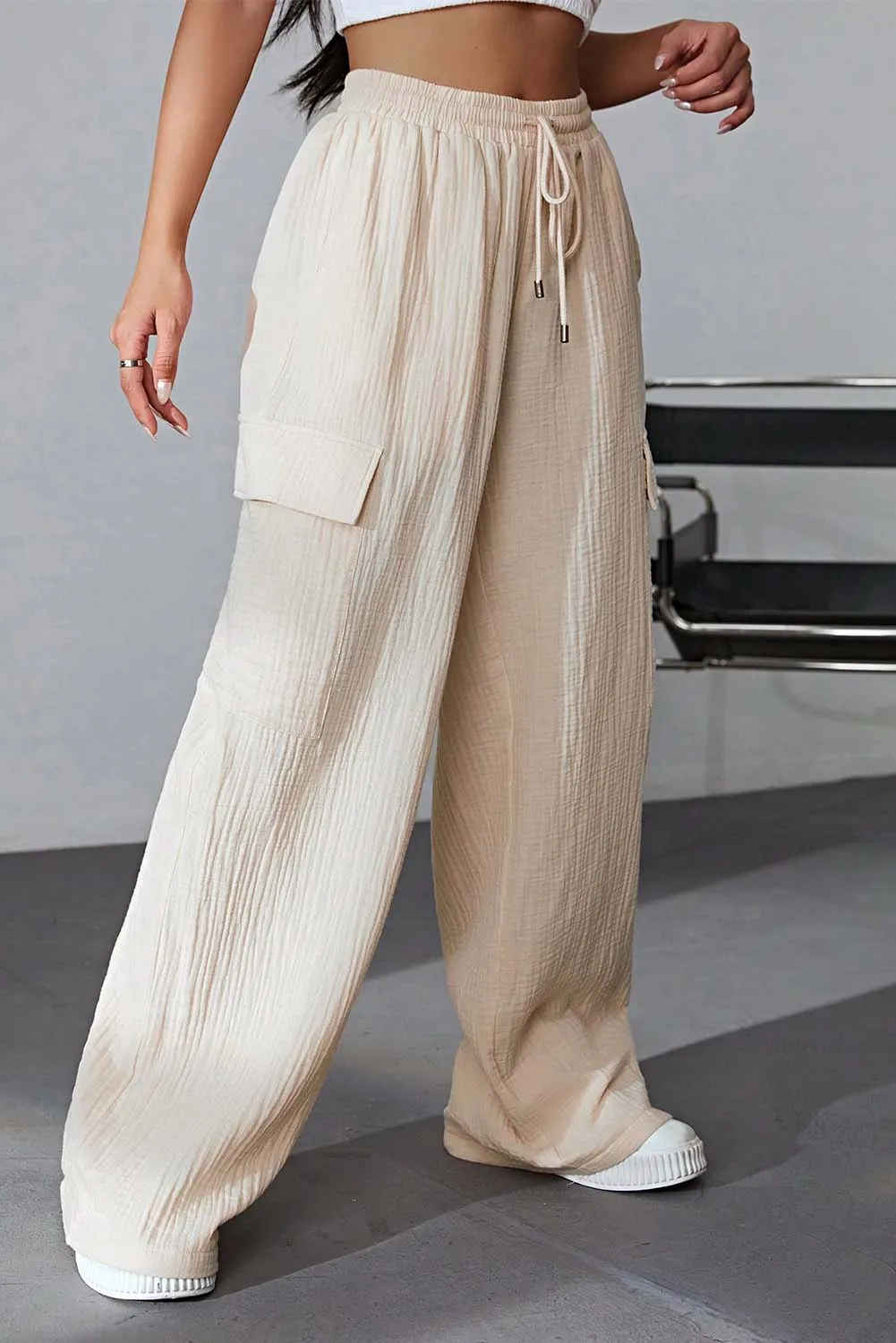 Apricot Loose Drawstring High Waist Crinkled Cargo Pants