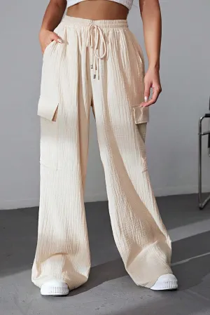 Apricot Loose Drawstring High Waist Crinkled Cargo Pants