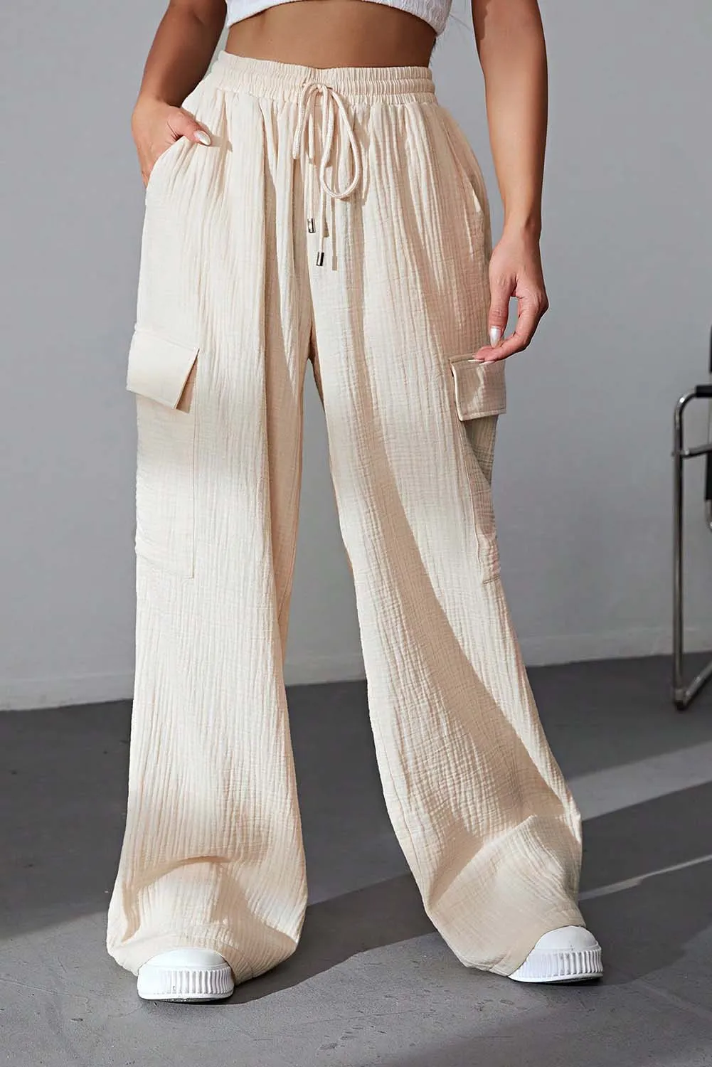 Apricot Loose Drawstring High Waist Crinkled Cargo Pants