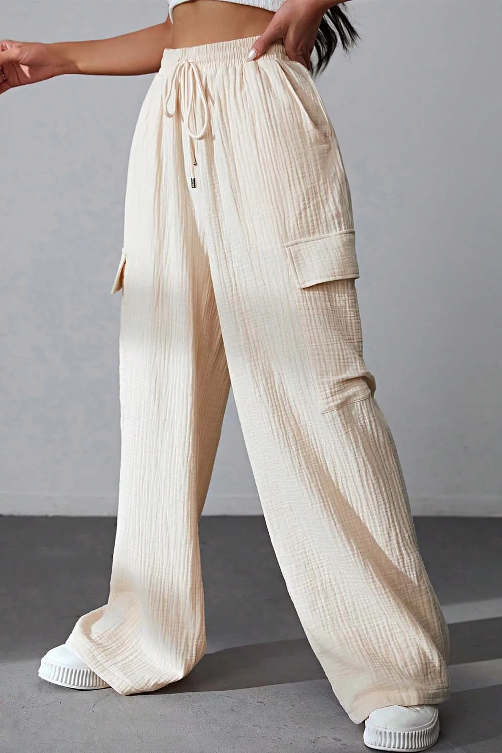Apricot Loose Drawstring High Waist Crinkled Cargo Pants