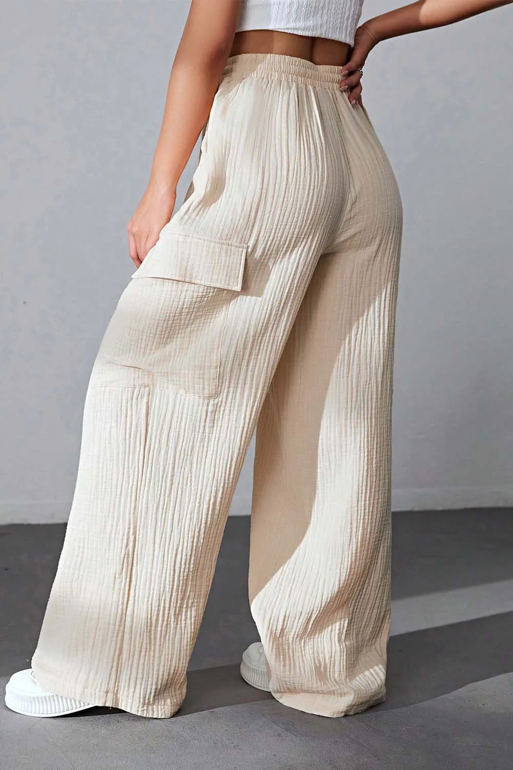 Apricot Loose Drawstring High Waist Crinkled Cargo Pants