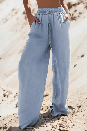 Beau Blue Drawstring High Waist Wide Leg Denim Pants