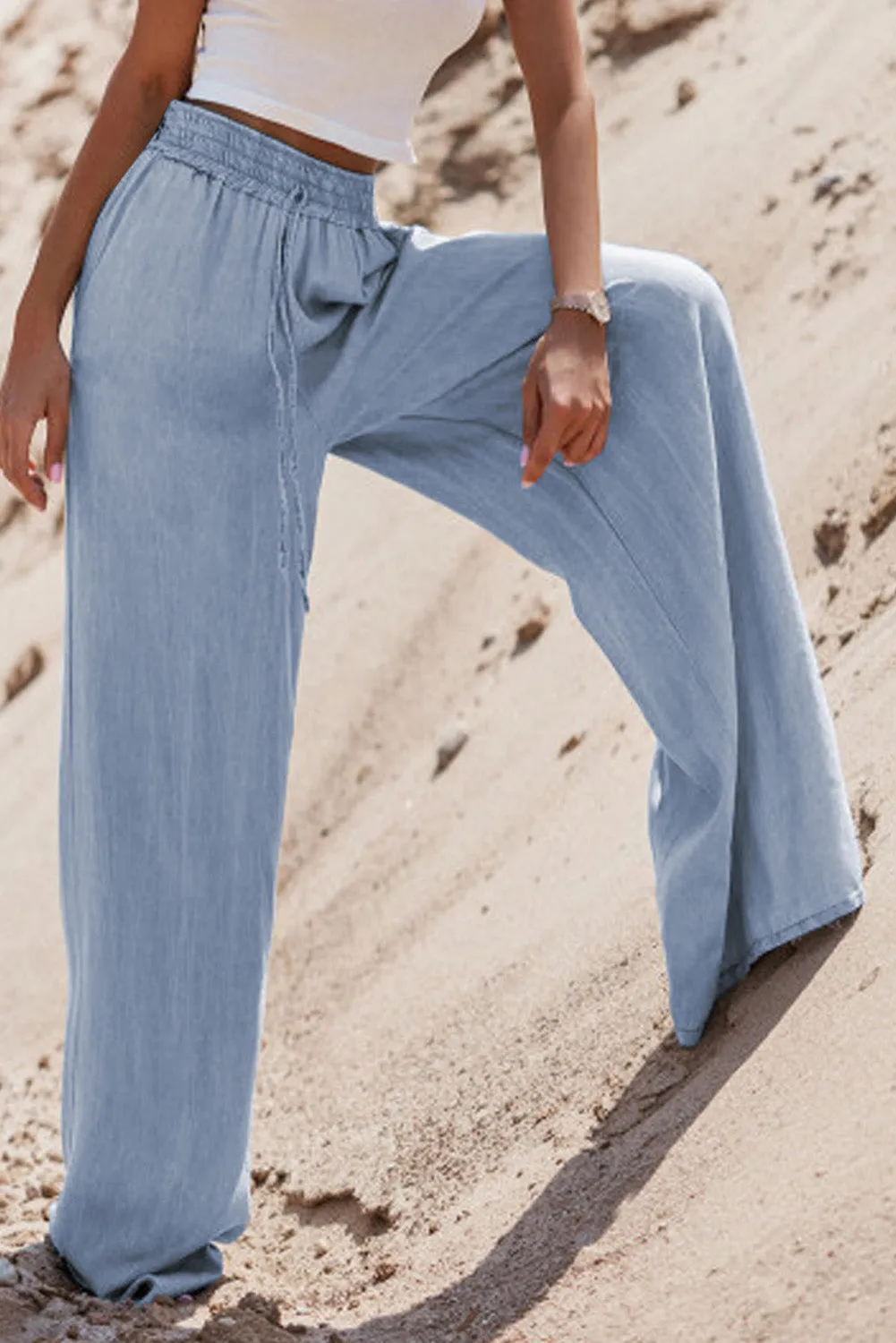Beau Blue Drawstring High Waist Wide Leg Denim Pants