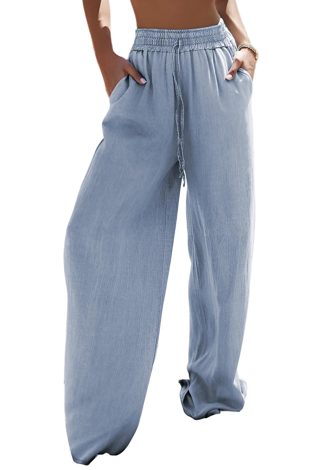 Beau Blue Drawstring High Waist Wide Leg Denim Pants
