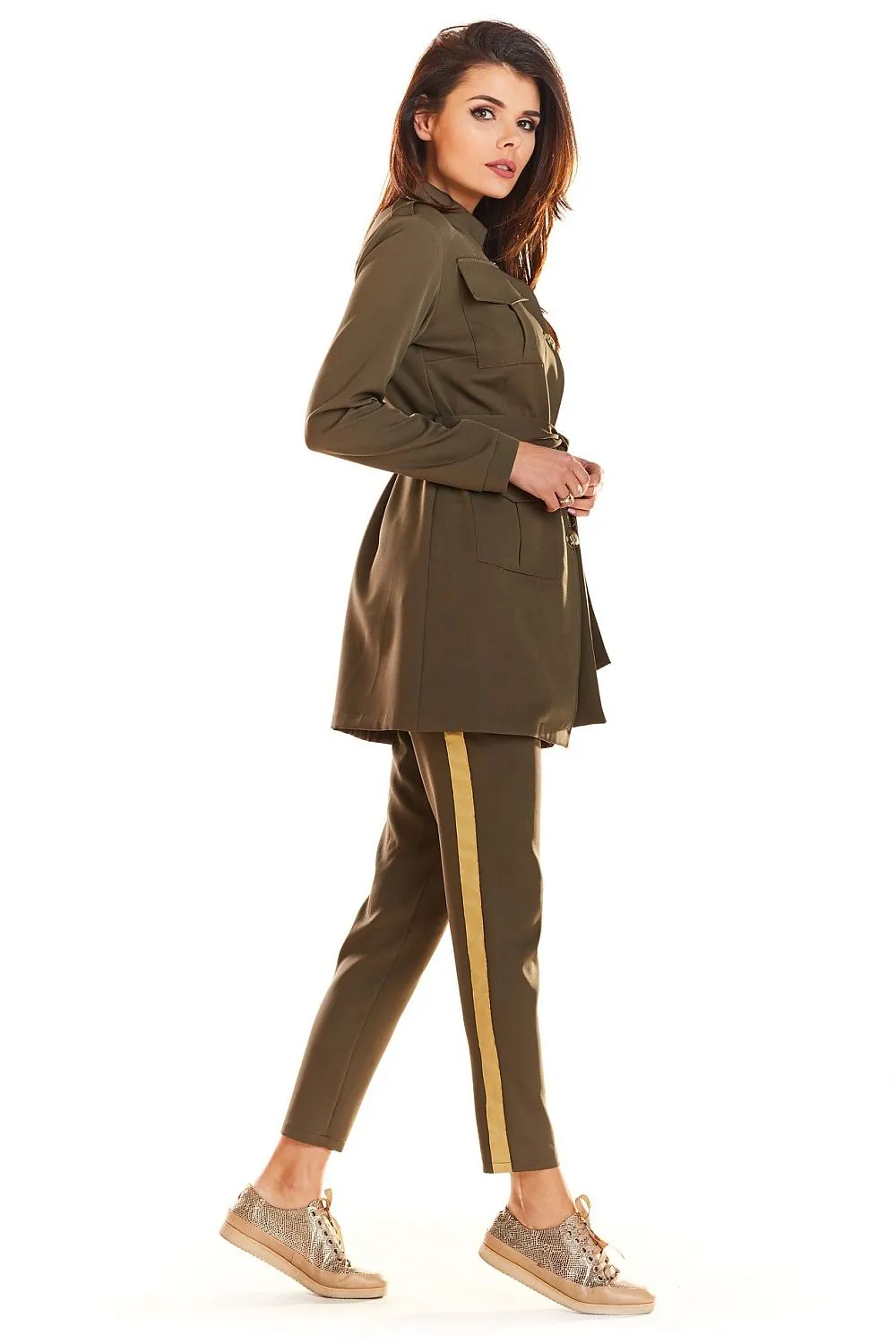 Belted Military Jacket with Pockets