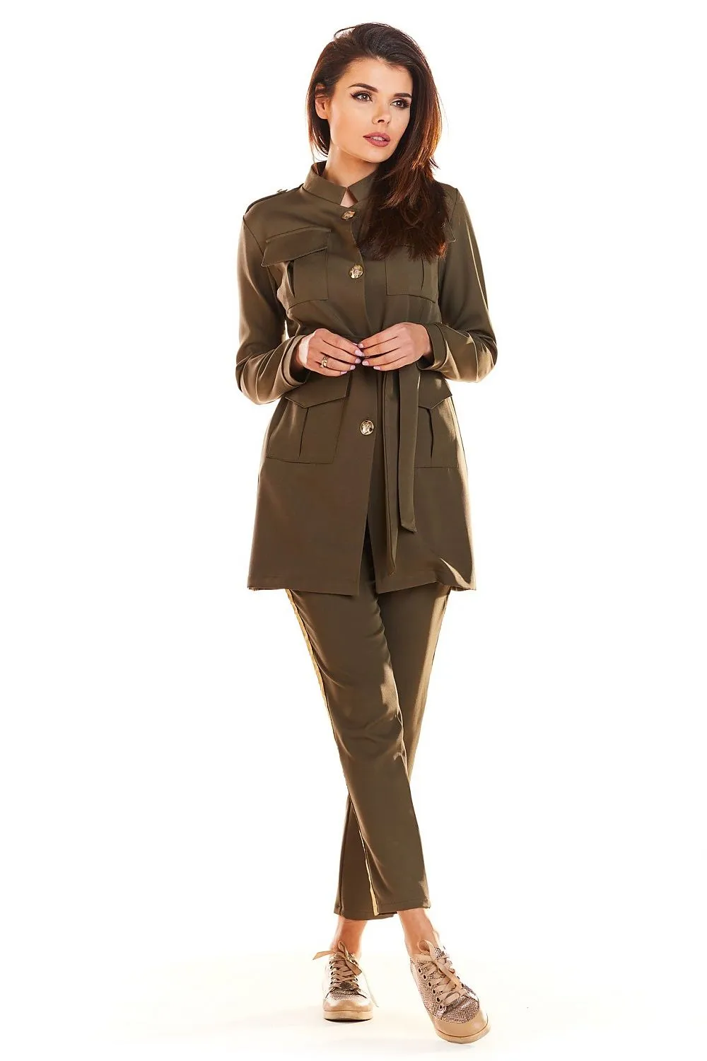 Belted Military Jacket with Pockets