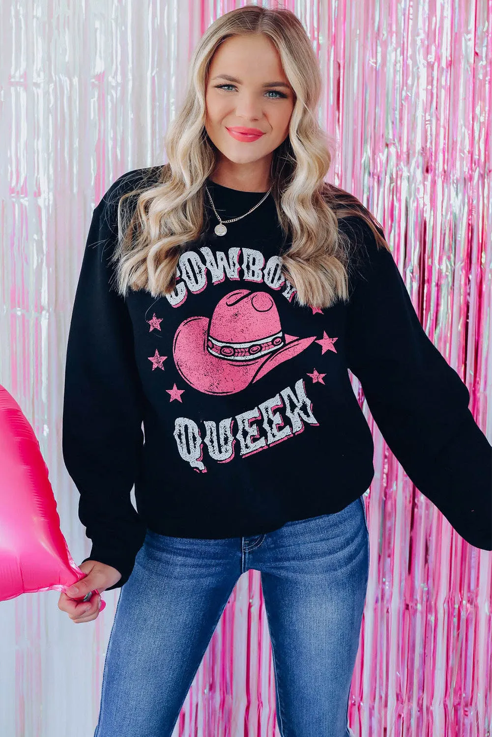 Black COWBOY QUEEN Hat Graphic Print Pullover Sweatshirt