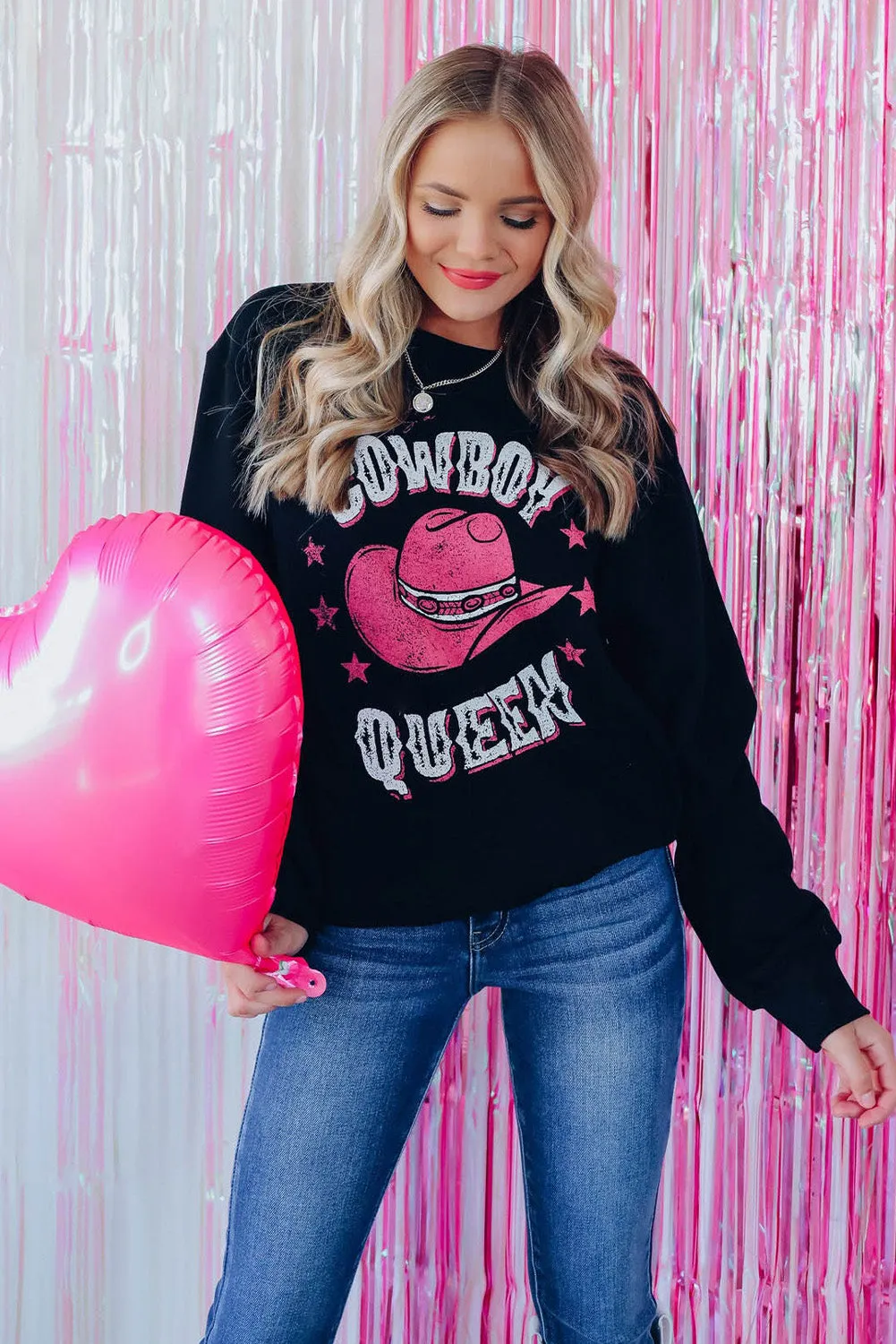 Black COWBOY QUEEN Hat Graphic Print Pullover Sweatshirt