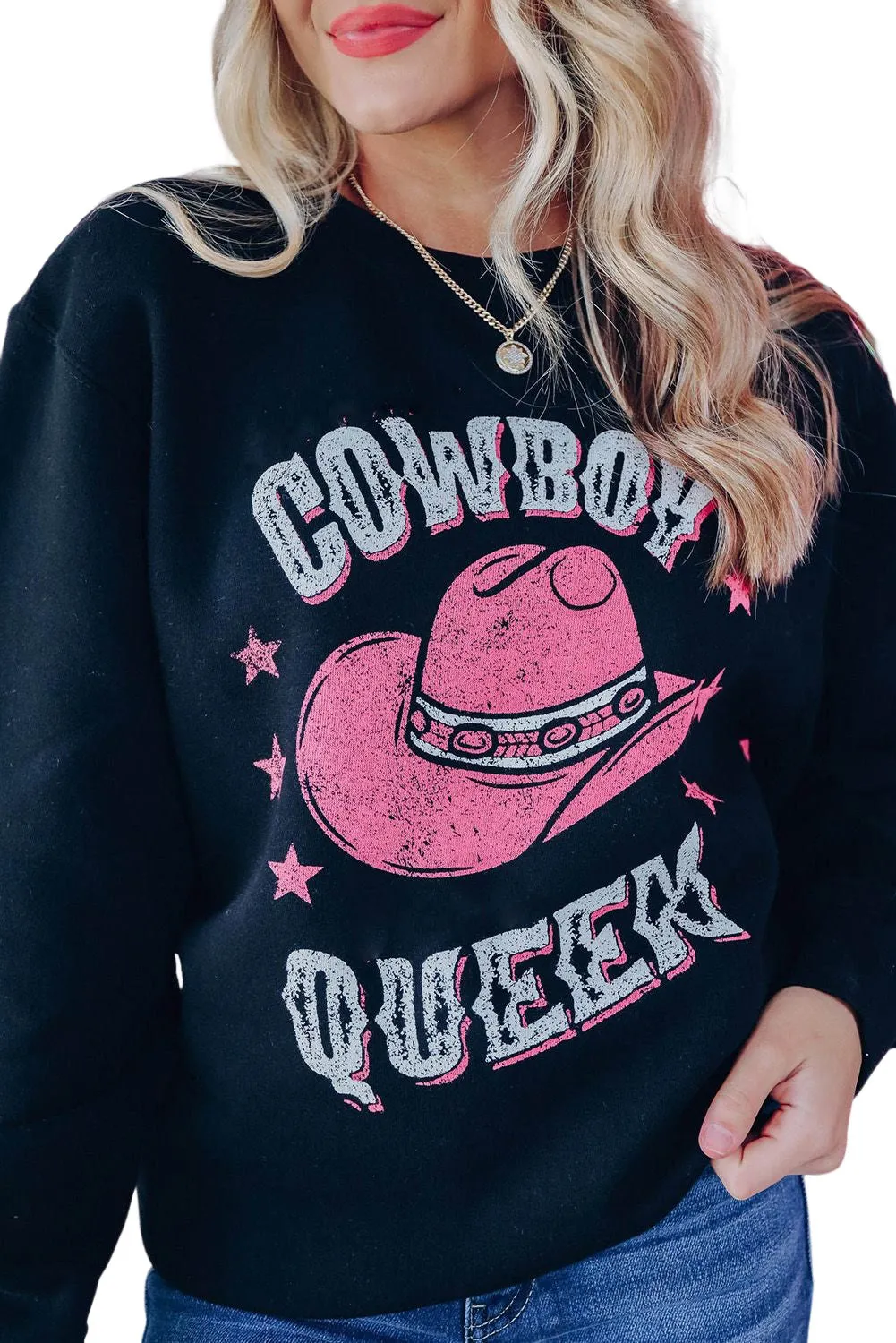 Black COWBOY QUEEN Hat Graphic Print Pullover Sweatshirt