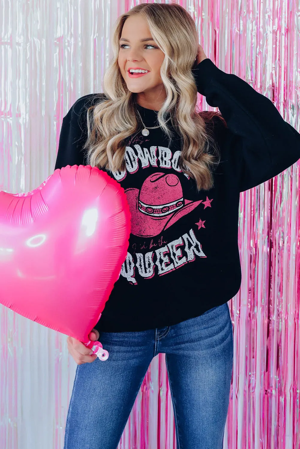 Black COWBOY QUEEN Hat Graphic Print Pullover Sweatshirt
