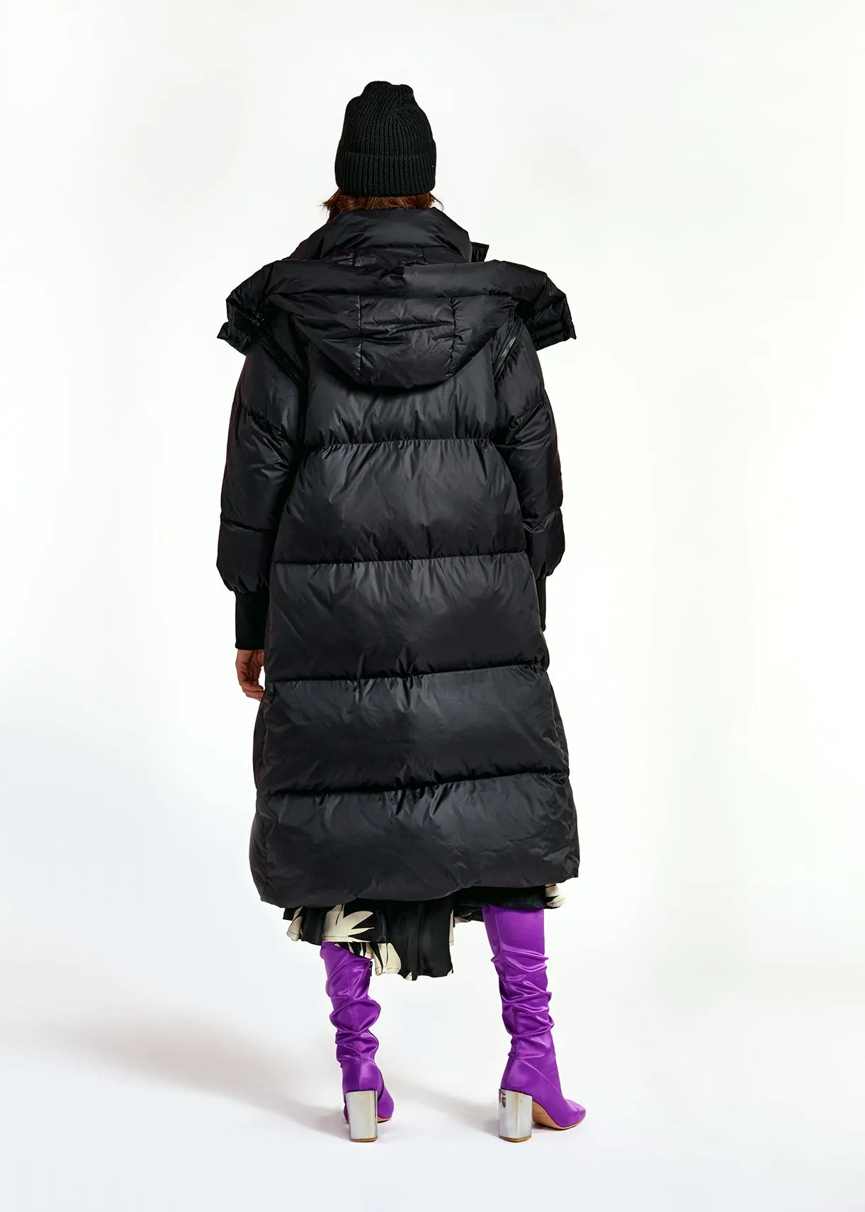 Black hooded long puffer coat
