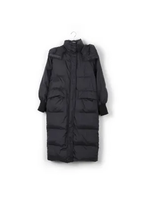 Black hooded long puffer coat