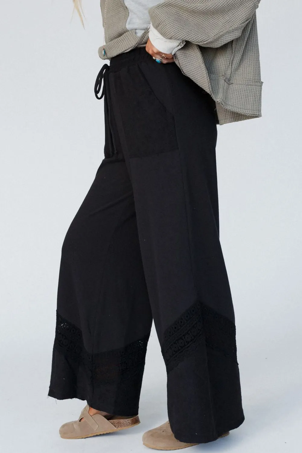 Black Lace Crochet Patched Lace-up High Waist Wide Leg Pants