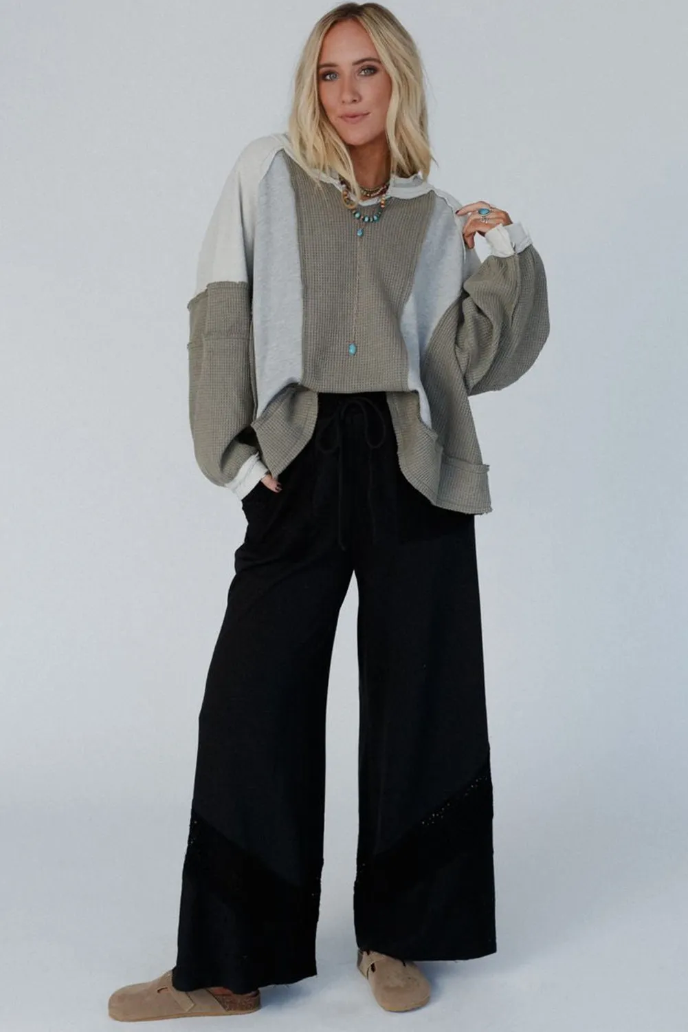 Black Lace Crochet Patched Lace-up High Waist Wide Leg Pants