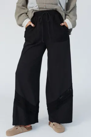Black Lace Crochet Patched Lace-up High Waist Wide Leg Pants