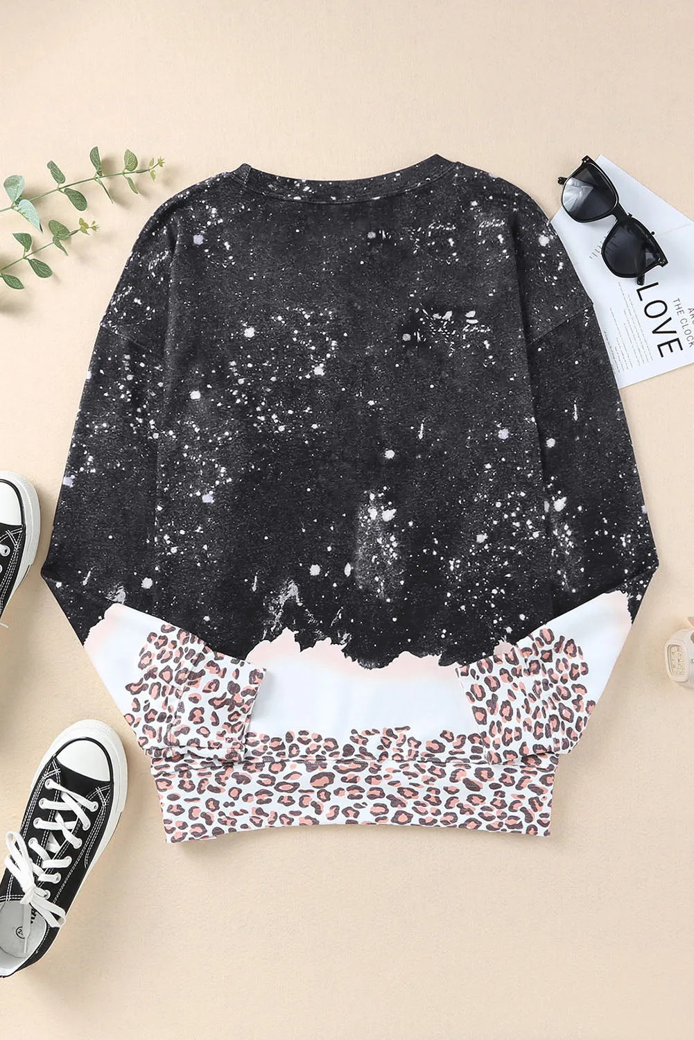 Black LUCKY Clover Leopard Bleached Graphic Sweatshirt